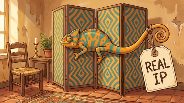 A teal and orange chameleon climbing over the top of a patterned four panel folding screen, its curled tail reaching out past the right hand edge with a large cream tag tied to it lettered REAL IP in dark brown, in a warm ochre room with a rush seated chair, a candlestick and a potted fern on a side table and a terracotta tiled floor.