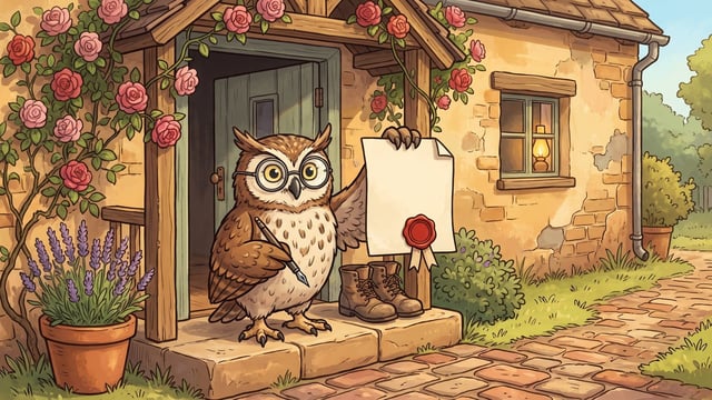 An owl in round spectacles standing on the doorstep of a stone cottage, a quill held in one wing, holding up a large blank sheet of paper closed with a red wax seal and ribbon, with climbing roses over the porch, lavender in a terracotta pot, a pair of worn boots on the step and a lit lamp in the window.