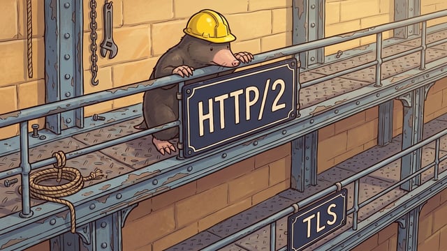 A mole in a yellow hard hat leaning on the railing of an iron scaffold gallery high on a stone wall, a dark navy plate fixed to the railing beside it lettered HTTP/2 in cream and a second plate on the gallery below lettered TLS, with a coil of rope on the walkway and a wrench and chain hanging at the left.