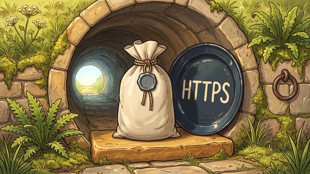 A stone culvert mouth in a grassy bank with daylight showing through the far end, a pale canvas sack tied at the neck with a lead seal standing on a timber sill in the opening, and a round dark iron cover leaning against the stonework beside it lettered HTTPS in cream, with ferns, moss and cow parsley round the arch and a rusted iron ring at the right.