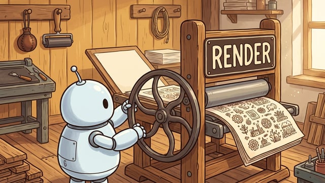 A small round pale blue robot turning the big spoked iron wheel of a wooden flatbed press, a blank cream sheet lying on the open bed and a sheet covered in printed drawings coming out over the roller at the right, a dark plate on the press frame lettered RENDER in cream, in a timber print shop with an ink roller and a dabber on the wall and a stack of paper on a shelf.