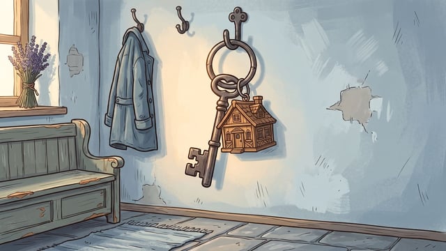A large iron key hanging from a hook on a pale blue grey wall on a ring with a carved wooden cottage as its fob, with a coat on a second hook at the left, a green painted settle bench below, dried lavender on the windowsill and a flagstone floor.