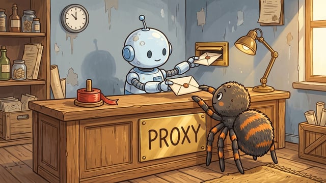 A small round pale blue robot behind a wooden counter taking a sealed letter from a brown and orange spider on one side and posting an identical letter into a brass wall slot on the other, a brass plate on the counter front lettered PROXY in dark brown, with a wall clock, a reel of red ribbon, shelves of jars and a lit desk lamp in a blue grey office.