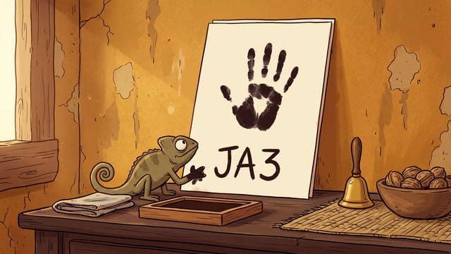 A green chameleon on a dark wooden dresser top reaching up to a large cream card propped against the wall, the card carrying one black inked handprint with JA3 hand-lettered beneath it in dark brown, with a shallow wooden ink tray and a folded cloth on the dresser and a brass hand bell and a bowl of walnuts at the right.