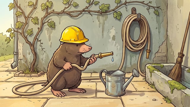 A mole in a yellow hard hat gripping a hard kink in a garden hose and holding the brass nozzle over a battered zinc watering can, a single drop falling from the nozzle, in a grey green stone yard with a second hose coiled on the wall, a leafy vine over the wall and a broom and mossy stone trough at the right.