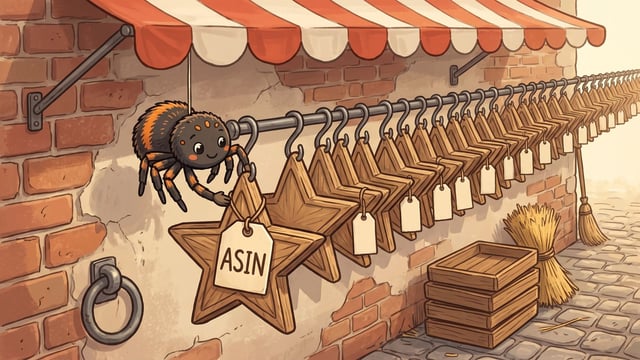 A brown and orange spider clinging to a steel rail under a red and white striped awning, lifting one carved wooden star that carries a stiff cream tag lettered ASIN in dark brown, with a long row of identical stars and blank price tickets hanging away down the rail into the distance, a brick wall behind and stacked empty crates and a broom at the right.