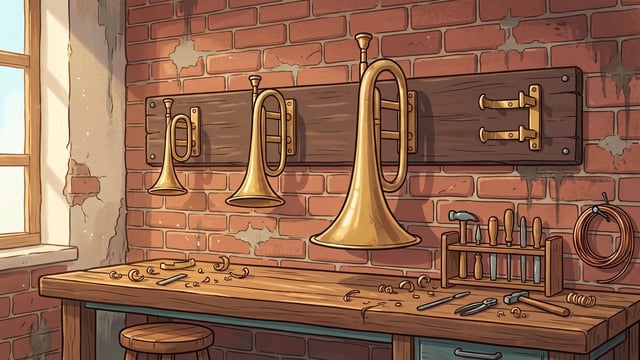 Three brass listening horns of steadily increasing size mounted in a row along a dark timber board on a red brick wall, with a fourth pair of brass brackets at the end of the board standing empty, above a scrubbed pine workbench holding a rack of chisels, a hammer, pliers, wood shavings and a coil of copper wire, lit by a window at the left.