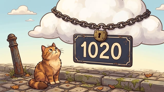A ginger cat sitting on mossy cobbles looking up at a white cloud with a heavy iron chain drawn round it and a brass padlock at the front, a dark navy enamel plate hanging against the face of the cloud lettered 1020 in cream, with a rusted iron bollard at the left and fallen leaves on the stones.