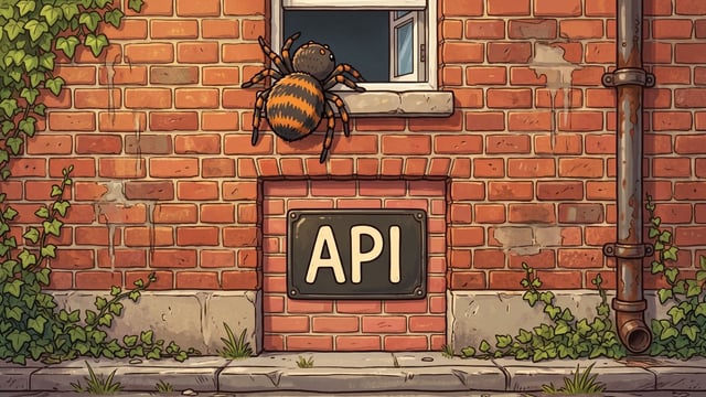 A brown and orange spider climbing a red brick wall towards a small open first floor window, the ground floor doorway below it bricked up flush with newer brick and carrying a dark plate lettered API in cream, with ivy up the left of the wall and a rusted cast iron downpipe at the right.