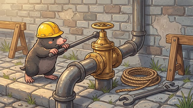 A mole in a yellow hard hat pulling the long lever of a large brass three way valve where one steel pipe divides into two branches, in a grey cobbled yard with a coil of rope and a spanner on the stones, wooden trestles to either side and grass growing between the setts.