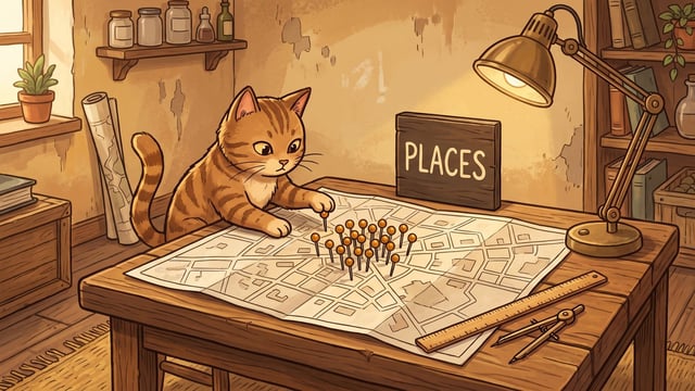 A ginger tabby cat with one paw on a large open street map spread over a wooden table, pressing another amber headed brass pin into a tight cluster of pins already standing in it, a dark wooden tab at the back of the table lettered PLACES in cream, with a lit brass desk lamp, a ruler and a pair of dividers on the table and shelves of jars and books behind.