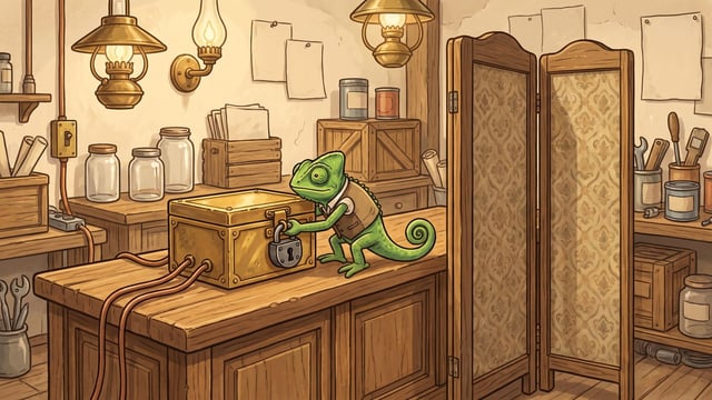 A green chameleon wearing a brown vest stands on a wooden counter to attach a padlock to a brass box with attached cables, next to a tall patterned wooden folding screen inside a workshop illuminated by two overhead brass lamps.