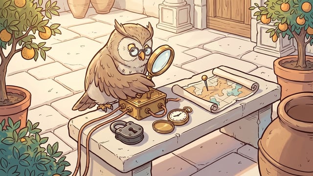 An owl wearing eyeglasses sits at a stone bench in a courtyard surrounded by potted orange trees, holding a magnifying glass to inspect a small brass device connected to wires, beside a padlock, an open pocket watch, and a map with a pushpin.