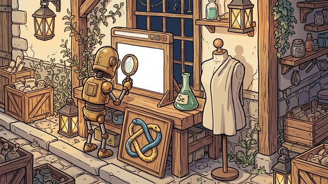 A small brass robot uses a magnifying glass to inspect a blank monitor with a wooden frame on a workbench alongside a green flask labeled 'Se', a headless mannequin torso on a stand, and a framed image of two intertwined yellow and blue snakes leaning against the table.