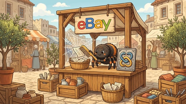 A cartoon spider stands behind a wooden market stall under a hanging sign reading "eBay", using a wooden comb to scrape across a piece of paper near a spiderweb, beside a framed plaque depicting two intertwined blue and yellow snakes.