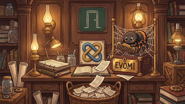 A cute cartoon spider sits atop a wooden box labeled "EVOMI" and uses a comb to pull paper pages down into a basket on a wooden desk featuring a framed door outline plaque, an intertwined blue and yellow snake emblem, glowing oil lamps, and stacks of books.