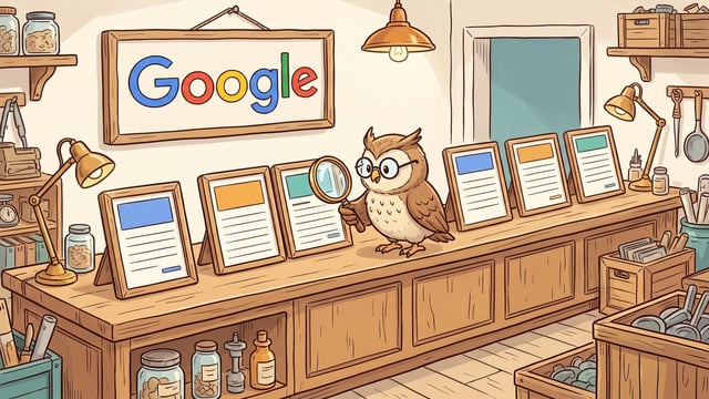 An owl wearing round eyeglasses holds a magnifying glass to examine one of six framed display documents lined up across a long wooden counter beneath a framed wall sign displaying the word "Google" in a workshop filled with lamps and shelves.