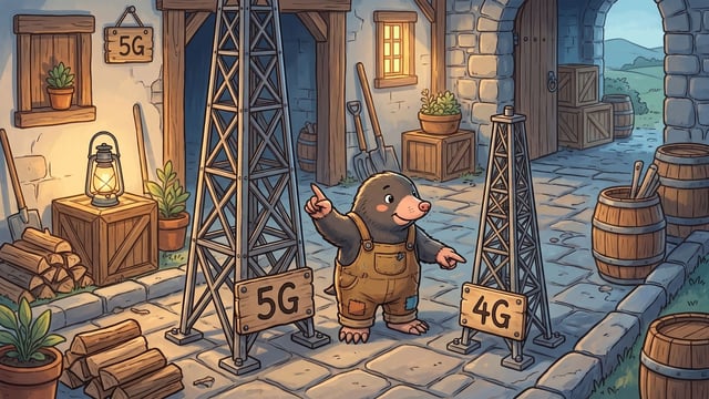 A mole wearing overalls stands in a stone courtyard between a tall metal lattice tower with a wooden sign labeled "5G" and a shorter metal lattice tower with a wooden sign labeled "4G", pointing one hand up toward the taller tower and gesturing with the other toward the smaller one.
