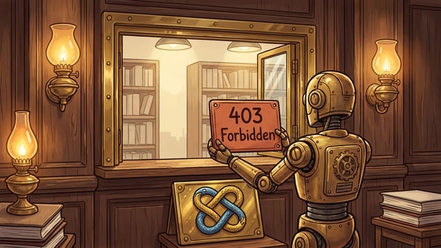 A brass robot stands in a wood-paneled room, holding a rectangular plaque reading "403 Forbidden" at an open brass window frame, while a gold stand displaying the blue and yellow Python snake mark rests on the counter below.