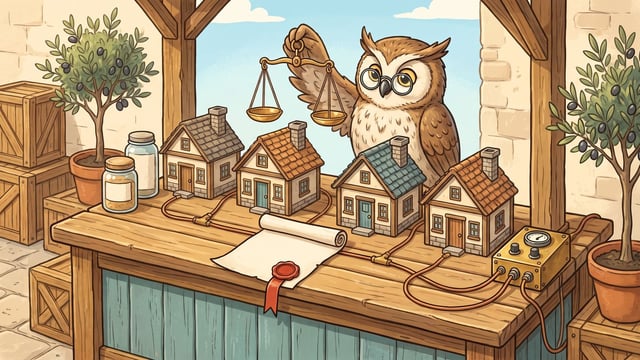 An owl wearing eyeglasses holds up a brass balance scale behind a wooden counter where four miniature houses are connected by cables to an electrical device, alongside an unrolled scroll with a red wax seal and two potted olive trees.