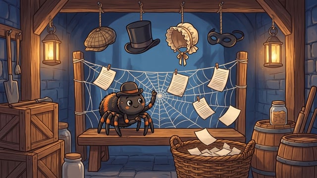 A cute cartoon spider wearing a small bowler hat stands on a wooden bench and reaches toward a large web strung with pinned sheets of paper, framed by wooden barrels, lanterns, crates, and a woven basket overflowing with falling papers beneath four headwear disguises hanging from ropes above.