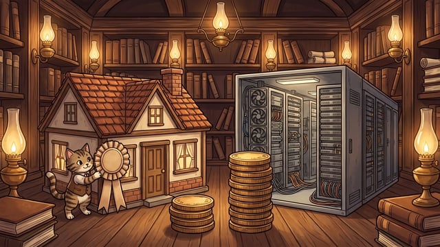 A small tabby cat wearing a vest places a large award ribbon onto a miniature house beside two stacks of gold coins, while an open metal server cabinet filled with computer servers stands inside a wooden library lit by oil lamps.