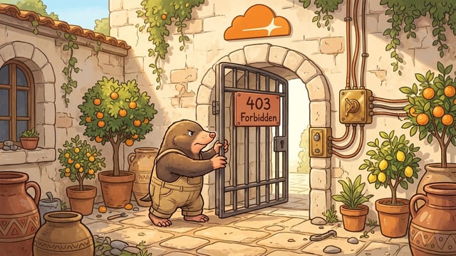 A mole wearing beige overalls holds open a metal gate featuring a sign that reads "403 Forbidden" inside a stone doorway beneath an orange cloud emblem, set in a sunny courtyard with wall-mounted copper pipes, electrical boxes, potted citrus trees, and clay pots.