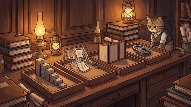 A striped cat wearing a vest sits at a wooden desk displaying four shallow wooden trays containing an ascending staircase of blocks, a metal frame with a spiderweb holding two paper pages, a folding screen, and a large padlock, surrounded by lit oil lamps and stacks of books.