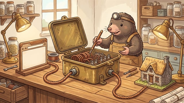 An anthropomorphic mole wearing overalls and a headlamp works at a wooden bench, holding a pointed pencil over an open metal box containing copper coils, which connects via thick braided cables to a wooden frame displaying a web browser interface on the left and a miniature thatched-roof house on the right.