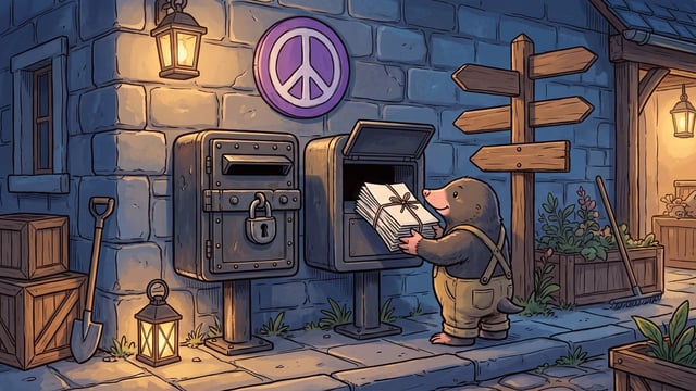 A small mole wearing yellow overalls inserts a tied stack of envelopes into an open metal mailbox, standing beside a second mailbox secured with a large padlock against a stone wall featuring a purple circular peace sign symbol and a wooden directional signpost pointing in multiple directions.