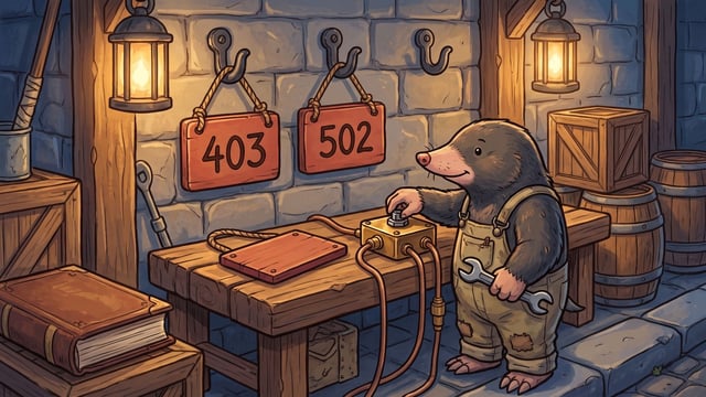 A mole wearing overalls stands at a wooden workbench inside a stone workshop, holding a wrench while turning a knob on a wired control box. Behind the mole, two hanging wooden plaques display the numbers "403" and "502" from wall hooks next to an empty hook, while a blank wooden plaque lies flat on the workbench.