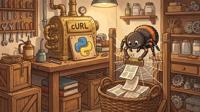 A cartoon spider sitting on a web in a workshop holds a comb tool over a woven basket filled with printed paper documents, next to a metallic brass machine labeled "cURL" bearing a wooden plaque with the blue and yellow Python logo.