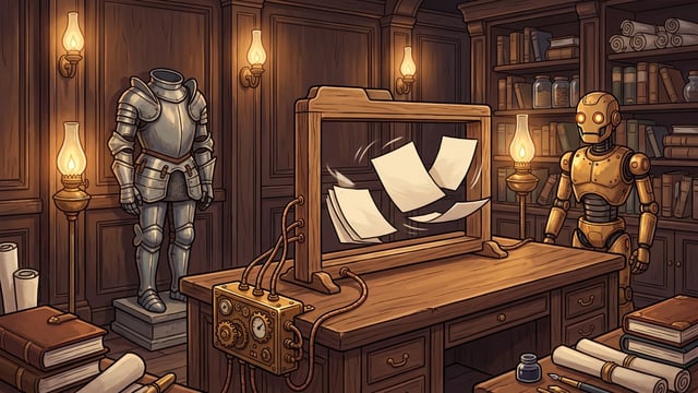 A headless suit of armor stands in a library room near a wooden desk containing a frame shaped like a web browser window, inside of which white papers float, connected by copper pipes to a gear-covered control box alongside a golden robot.