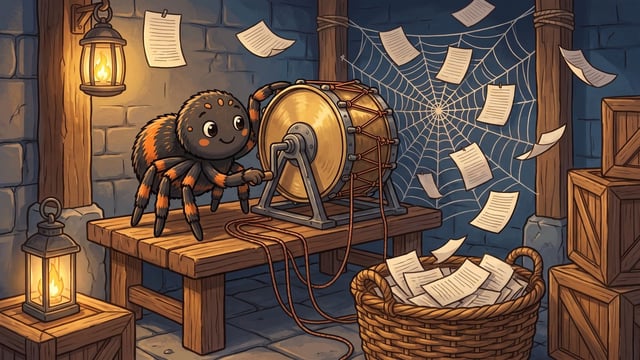 A cartoon black and orange spider stands on a wooden workbench while turning the hand crank of a rotating golden drum device, gathering loose paper documents from a large spiderweb on a stone wall down into a filled woven basket.