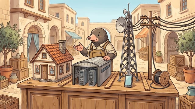 An anthropomorphic mole wearing an apron stands behind a wooden table in a stone village, gesturing toward four items on display: a miniature house with a tiled roof, an open building filled with server racks, a cell tower beside a smartphone, and a wooden utility pole connected by overhead wires to a cable spool.