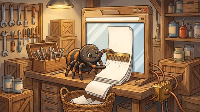 A friendly cartoon spider sits on a wooden workbench in a workshop, holding a golden comb against a long stack of white paper emerging from a large wooden monitor, surrounded by a wooden toolbox, hanging hand tools, and connected copper pipes.