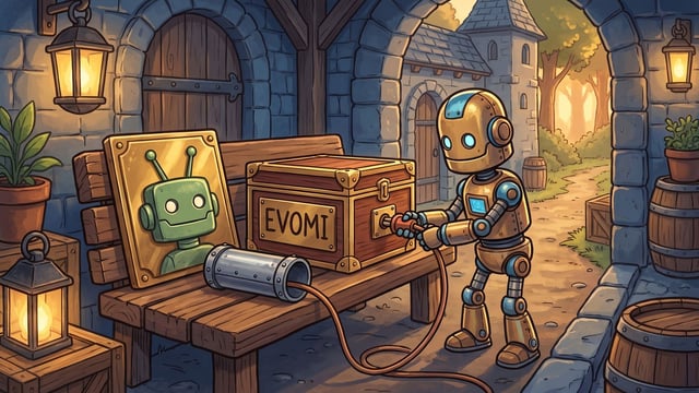 A golden robot stands beside a wooden bench plugging a cable into a chest labeled EVOMI, which sits next to a cylindrical metal tunnel with the cable running through it and a gold plaque featuring a green robot icon.