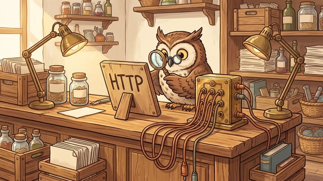 An owl wearing eyeglasses stands behind a wooden desk, using a magnifying glass to examine a wooden plaque labeled "HTTP" next to a metallic junction box with multiple attached cables between two illuminated desk lamps in a room filled with shelves and glass jars.