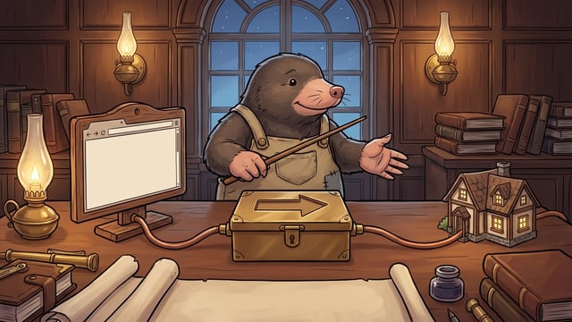 An anthropomorphic mole in overalls holds a wooden pointer stick while gesturing toward a brass box etched with a rightward arrow, demonstrating its connection via copper pipes between a wooden-framed browser monitor on the left and a miniature lit house on the right.