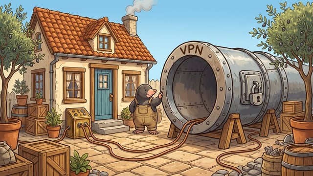 A mole in brown overalls stands in a paved yard between a small house and a large metallic tunnel labeled "VPN", touching the opening rim as two orange cables run from a small control panel beside the house into the tunnel.