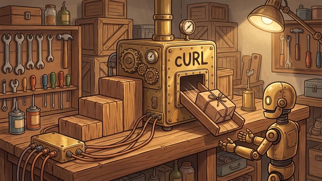 A small golden robot stands at a wooden workbench with outstretched hands to catch a wrapped package sliding down a chute from a metallic machine labeled "CURL", which is connected by four wires to a small box beside wooden block steps in a tool-filled workshop.