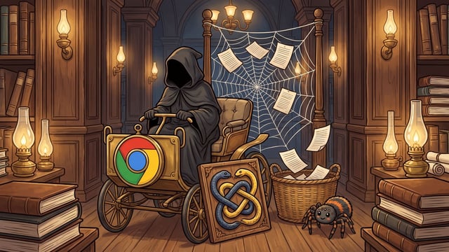 A faceless, hooded figure wearing a dark cloak operates a vintage cart adorned with a prominent Google Chrome logo in a book-filled library, while a framed emblem of blue and yellow Python snakes rests on the floor next to a spider and sheets of paper floating from a web into a basket.