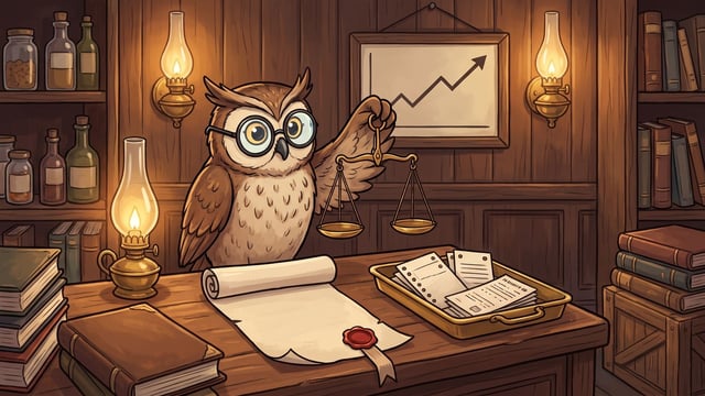 An owl wearing round eyeglasses stands behind a wooden desk holding a brass balance scale in its wing, next to a lit oil lamp, a tray filled with papers, and an unrolled scroll stamped with a red wax seal, beneath a framed wall chart displaying an upward-pointing line graph.
