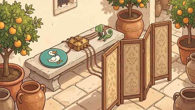 A small green chameleon stands on a stone bench next to a brass relay box connected by copper wires to a teal DuckDuckGo logo disc and a wooden folding privacy screen in a courtyard with potted orange trees.