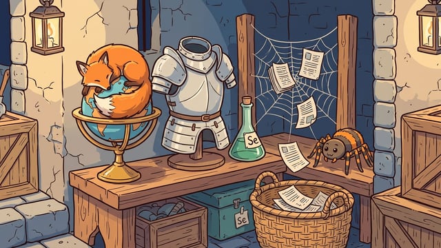An orange fox curled around a globe sits on a wooden table beside a headless suit of armor, a glass flask labeled "Se", and a spider next to a cobweb holding paper pages that fall into a woven basket below.