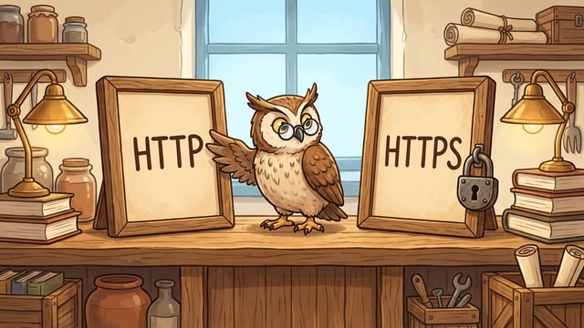 An owl wearing round eyeglasses stands on a wooden workbench between two framed wooden plaques, gesturing with one wing toward the left HTTP plaque while comparing it to the HTTPS plaque with a padlock hanging on its frame.