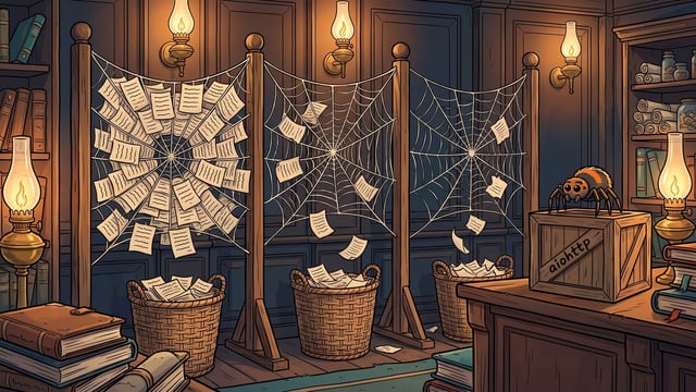 A small spider stands on a wooden crate labeled "aiohttp" beside three spider webs mounted on posts, showing paper sheets stuck to the webs and falling into three woven baskets placed on the floor beneath each web in a room lit by lanterns.