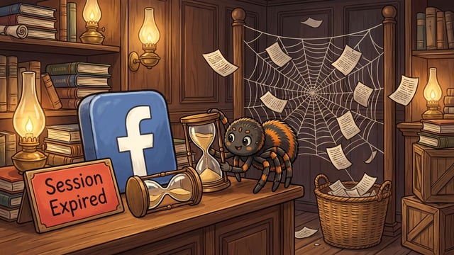 A cartoon spider with orange and black stripes stands on a wooden desk beside a large blue block featuring a white Facebook logo, two hourglasses, and a red plaque reading "Session Expired", while loose sheets of paper drift around a large spiderweb in a wooden study.