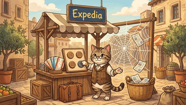 A cat wearing glasses and a vest stands at a market stall beneath a sign reading "Expedia", pressing one of four large buttons on a wooden board next to travel tickets while a large spiderweb catches falling paper documents into a basket.