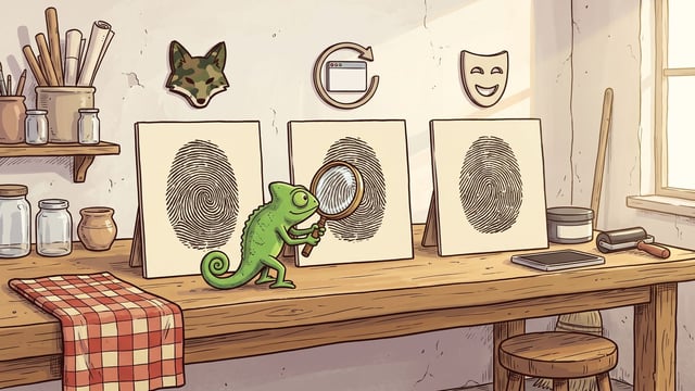 Three cream test cards standing in a row on a pale wooden workbench, each printed with one large inked fingerprint, with three emblems on the plaster wall above them: a camouflage-patterned fox head, a browser window inside a circular arrow, and a smiling theatre mask. A green chameleon stands on the bench holding a magnifying glass up to the middle card, with jars, a shelf of rolled paper, an ink roller and a checked cloth around it.